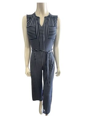 Monteau Navy and White Striped Sleeveless Jumpsuit with Tie Waist
